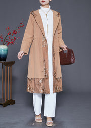 Classy Khaki Embroideried Patchwork Cotton Trench Fall