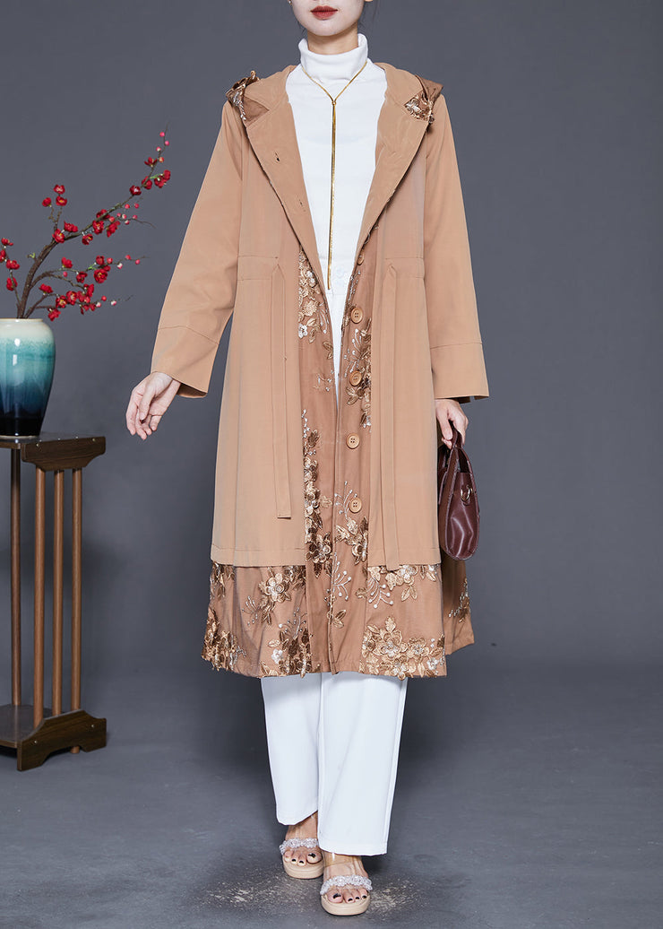 Classy Khaki Embroideried Patchwork Cotton Trench Fall