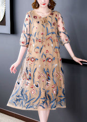 Classy Khaki Embroideried Wrinkled Lace Up Patchwork Silk Dresses Summer