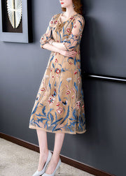 Classy Khaki Embroideried Wrinkled Lace Up Patchwork Silk Dresses Summer