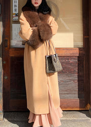 Classy Khaki Fox Collar Pockets Patchwork Woolen Coat Spring