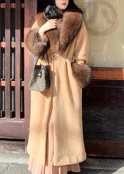 Classy Khaki Fox Collar Pockets Patchwork Woolen Coat Spring