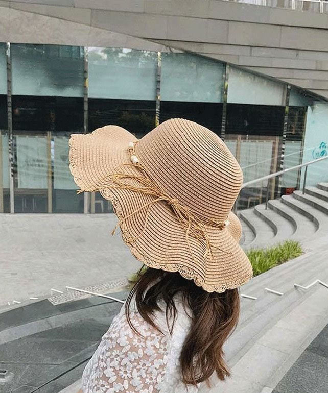 Classy Khaki Nail bead Straw Woven UPF 50+ Floppy Sun Hat