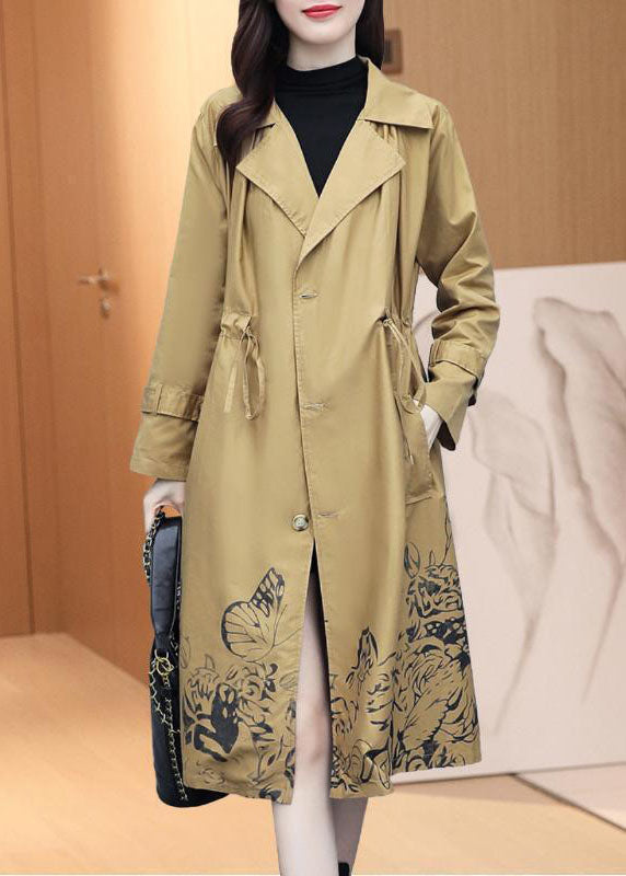 Classy Khaki Notched Print Drawstring Trench Coats Fall