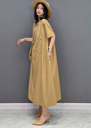 Classy Khaki O-Neck Asymmetrical Wrinkled Pockets Long Dresses Short Sleeve