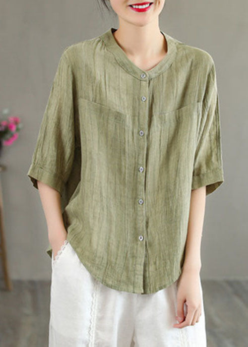 Classy Khaki O-Neck Button Solid Color Wrinkled Linen Shirt Top Half Sleeve