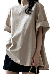 Classy Khaki O Neck Patchwork Cotton T Shirt Short Sleeve