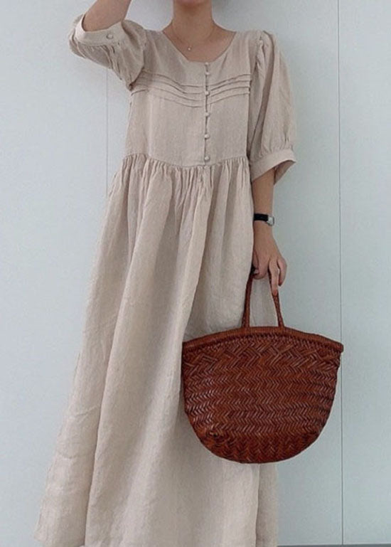 Classy Khaki O Neck Patchwork Wrinkled Linen Dress Summer