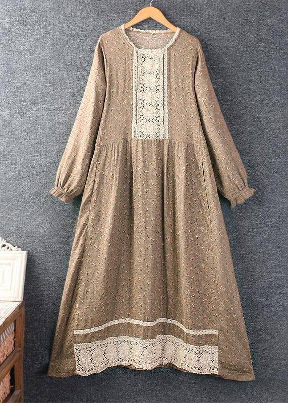 Classy Khaki O Neck Print Lace Patchwork Cotton Long Dress Spring