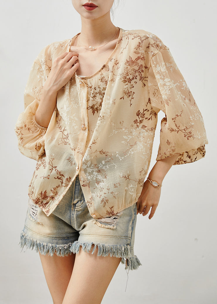 Classy Khaki Oversized Jacquard Chiffon Top Lantern Sleeve