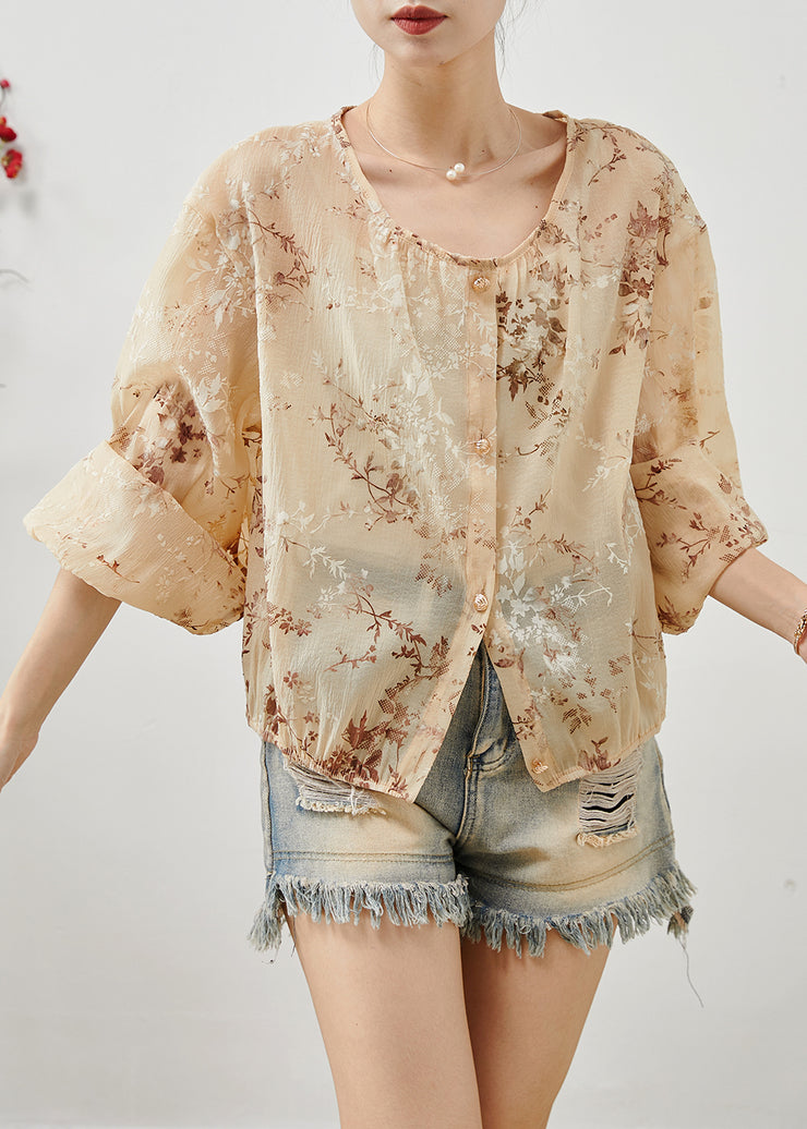 Classy Khaki Oversized Jacquard Chiffon Top Lantern Sleeve