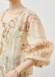 Classy Khaki Oversized Jacquard Chiffon Top Lantern Sleeve