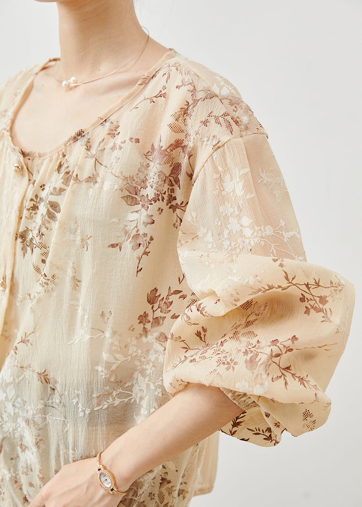 Classy Khaki Oversized Jacquard Chiffon Top Lantern Sleeve