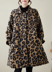 Classy Khaki Oversized Leopard Print Woolen Coats Winter