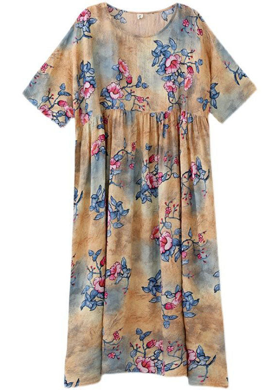 Classy Khaki Oversized Print Cotton Maxi Dress Short Sleeve