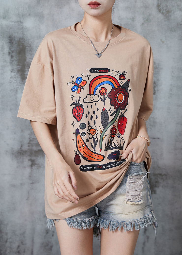 Classy Khaki Oversized Print Cotton Tops Summer