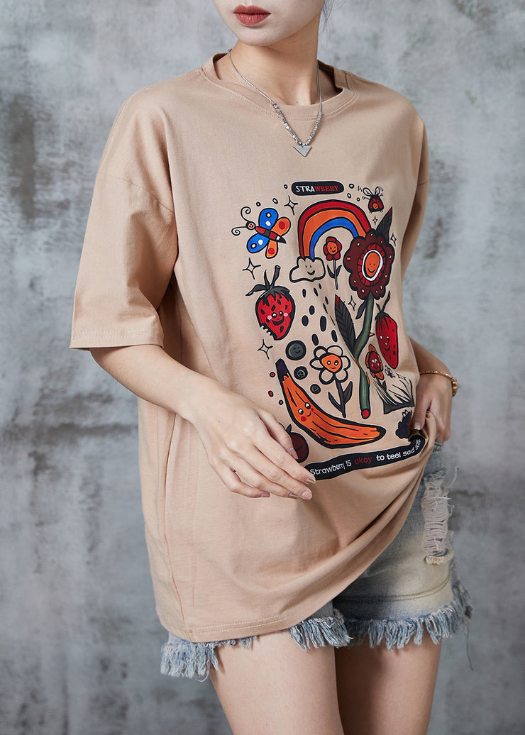 Classy Khaki Oversized Print Cotton Tops Summer