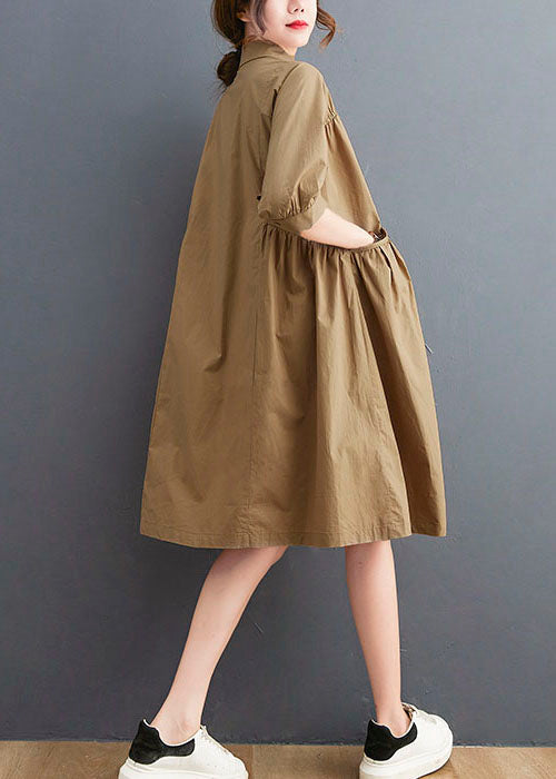 Classy Khaki Peter Pan Collar Pockets Cotton Dress Half Sleeve