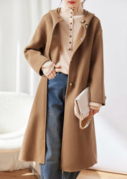 Classy Khaki Pockets Button Patchwork Woolen Hoodies Coat Winter