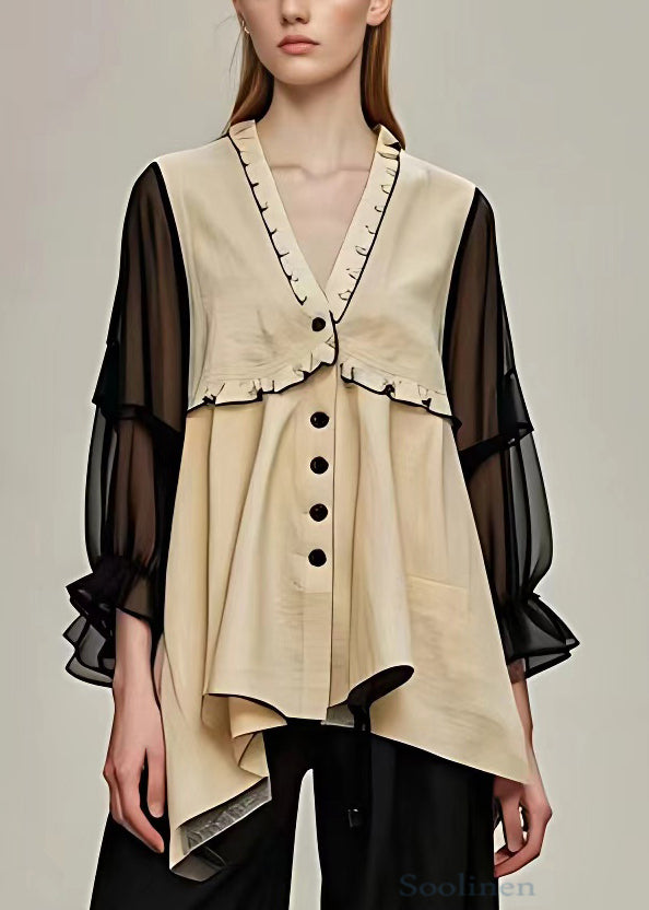 Classy Khaki Ruffled Button Chiffon Patchwork Coats Fall