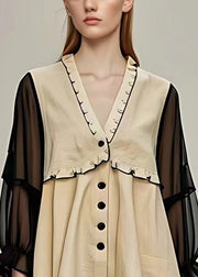 Classy Khaki Ruffled Button Chiffon Patchwork Coats Fall