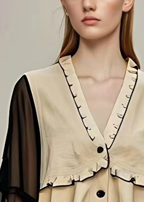 Classy Khaki Ruffled Button Chiffon Patchwork Coats Fall