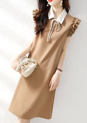 Classy Khaki Ruffled Lace Up Patchwork Spandex Dresses Summer