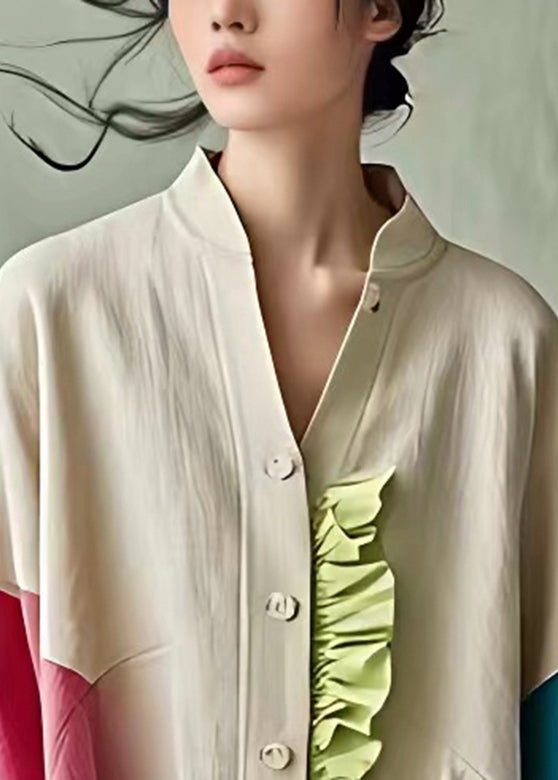 Classy Khaki Stand Collar Ruffled Patchwork Tops Fall