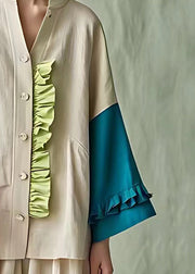 Classy Khaki Stand Collar Ruffled Patchwork Tops Fall