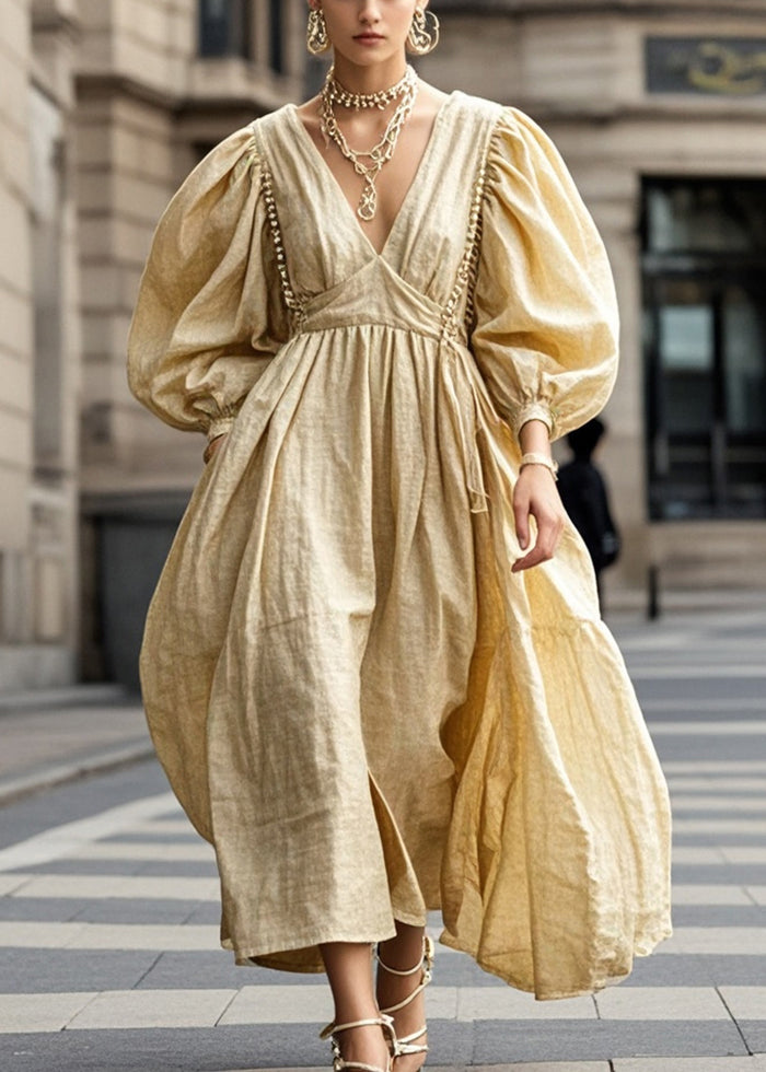 Classy Khaki V Neck Cotton Long Dresses Lantern Sleeve