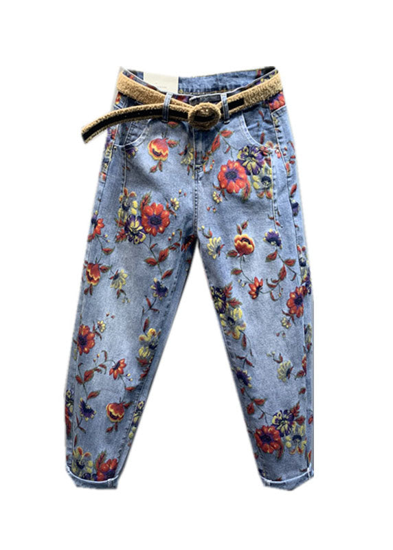 Classy Light Blue Floral Patchwork Zippered Jeans Fall