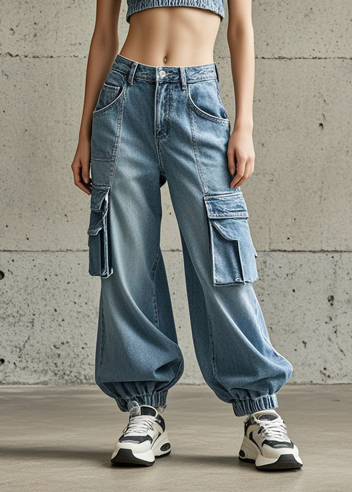 Classy Light Blue Oversized Pockets Denim Harem Pants Fall