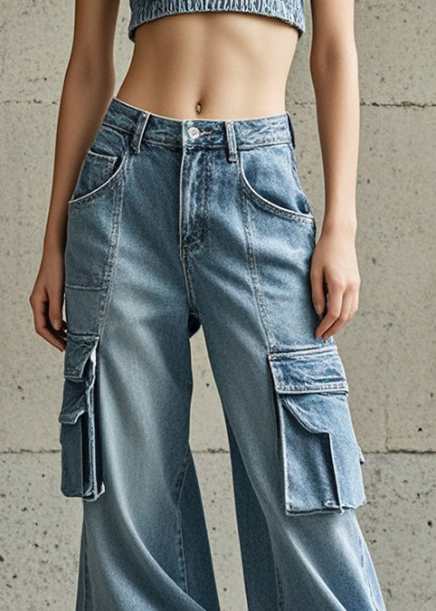 Classy Light Blue Oversized Pockets Denim Harem Pants Fall