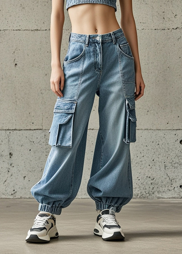 Classy Light Blue Oversized Pockets Denim Harem Pants Fall