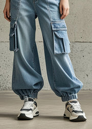 Classy Light Blue Oversized Pockets Denim Harem Pants Fall