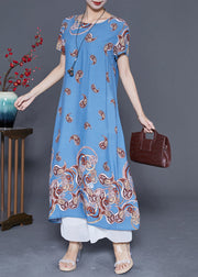 Classy Light Blue Oversized Print Cotton Vacation Dresses Summer