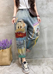 Classy Light Blue Print Patchwork Crop Jeans Summer