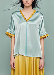 Classy Light Green Ruffled Patchwork T Shirts Summer