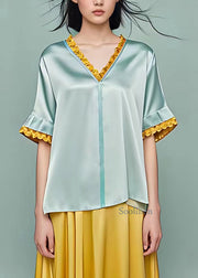 Classy Light Green Ruffled Patchwork T Shirts Summer