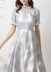 Classy Light Grey Ruffled Print Patchwork Silk Dress Summer