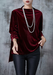 Classy Mulberry Oversized Low High Design Silk Velour Shirt Tops Fall