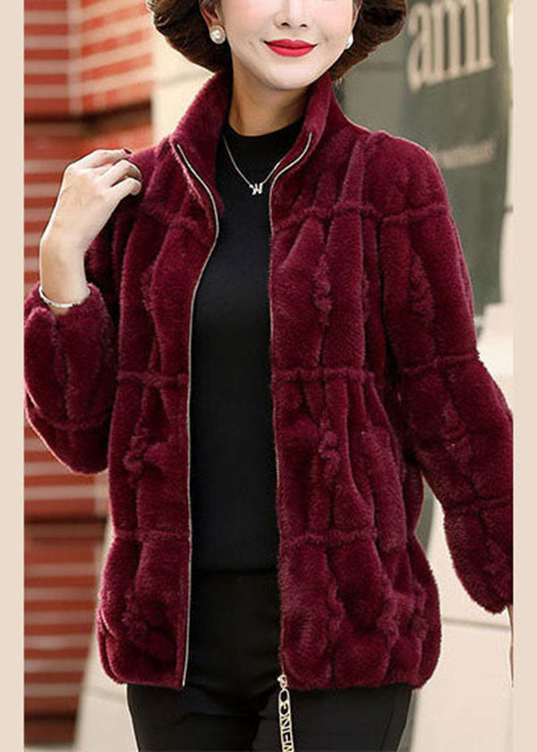 Classy Mulberry Peter Pan Collar Zip Up Mink Hair Knitted Coat Winter