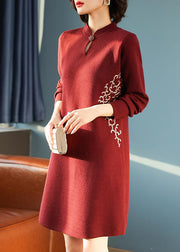 Classy Mulberry Stand Collar Wool Mid Knit Dress Spring