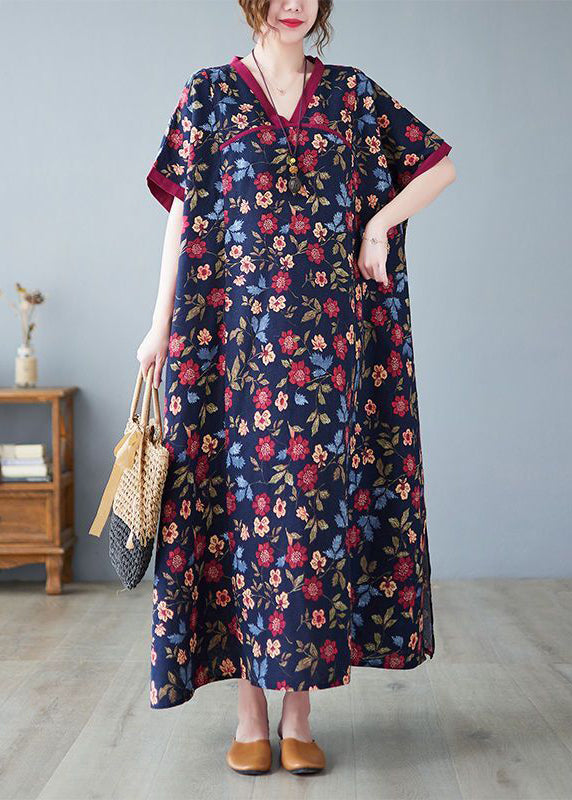 Classy Mulberry V Neck Print Cotton Long Dresses Summer