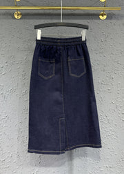 Classy Navy Blue Drawstring Patchwork Denim Skirts Fall