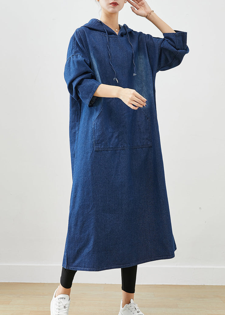 Classy Navy Hooded Oversized Denim Sweatshirt Dress Fall