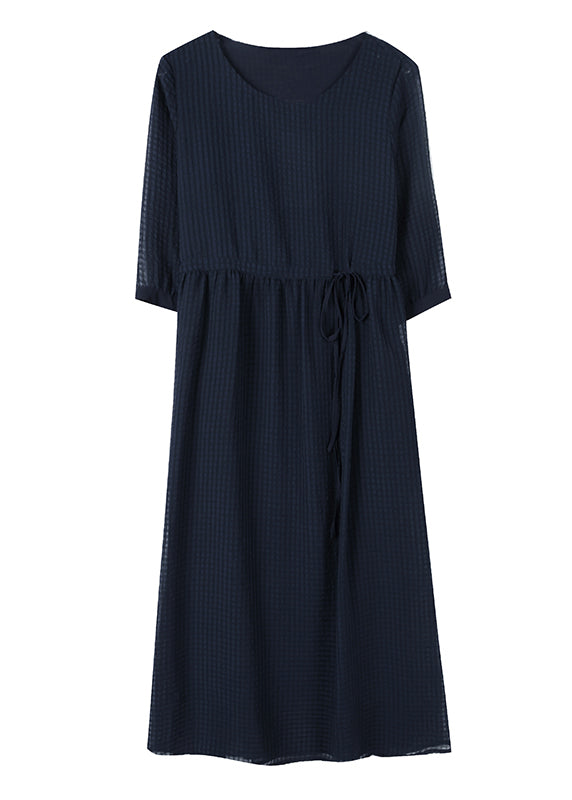 Classy Navy O Neck Drawstring Chiffon Dress Summer