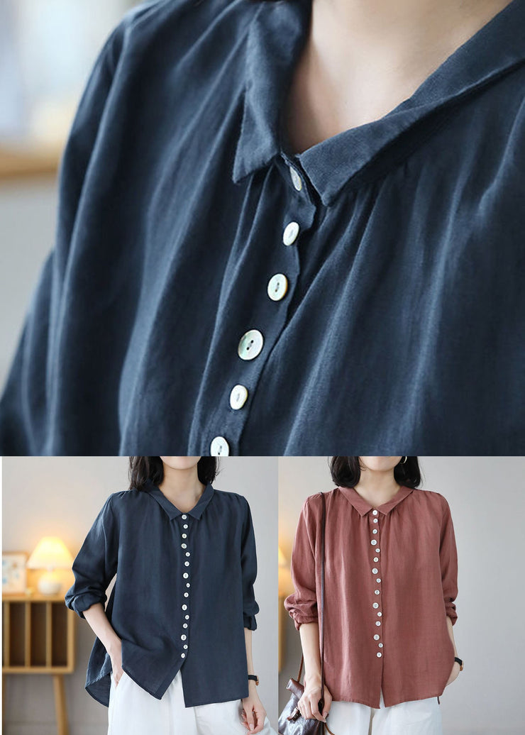 Classy Navy Peter Pan Collar Button Linen Shirt Tops Long Sleeve