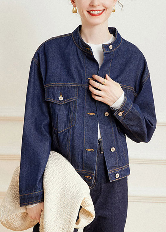 Classy Navy Peter Pan Collar Patchwork Button Denim Coats Long Sleeve