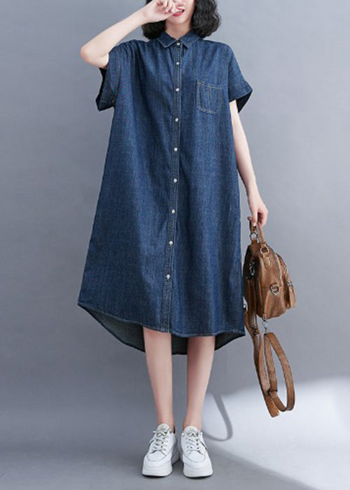 Classy Navy Peter Pan Collar Pocket Denim Shirt Dress Summer